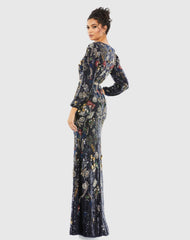 Navy Embellished Wrap Over Bishop Sleeve Gown