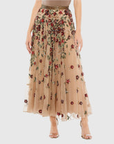 Beige Floral Beaded Long Chiffon Skirt