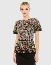 Black Floral Embellished Butterfly Sleeve Peplum Top - FINAL SALE