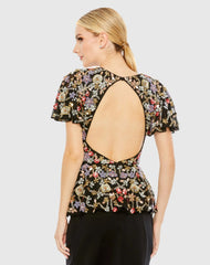 Black Floral Embellished Butterfly Sleeve Peplum Top - FINAL SALE