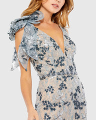 Multicolor Floral Embellished V-neck Midi Dress with Shoulder Bow