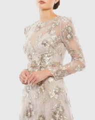 Beige Floral Embroidered Illusion Long Sleeve Evening Gown