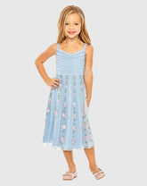 Light Blue Girls Ruffle Floral Embroidered Detail Mini Dress