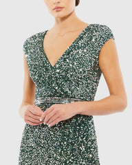 Green Cap Sleeve Sequined High Slit Gown