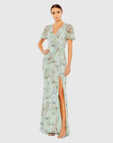 Green Embellished Butterfly Sleeve Faux Wrap Gown
