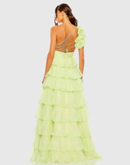 Green One Shoulder Ruffle Tiered Ballgown