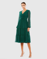 Green Ruched V-Neck Tiered Midi Dress