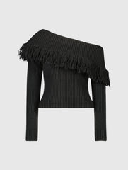 Black Off The Shoulder Fringe Knit Sweater