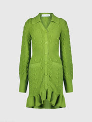 Green Long Sleeve Button Up Collared Bobble Knit Sweater Dress