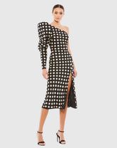 Black Long Puff Sleeve Polka Dot Tea Length Dress