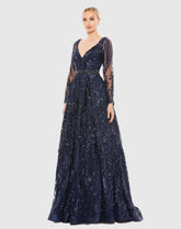 Navy Long Sleeve Embellished Evening Gown