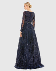Navy Long Sleeve Embellished Evening Gown