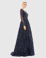 Navy Long Sleeve Embellished Evening Gown