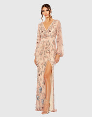 Pink Long Sleeve Floral Beaded Surplice Wrap Gown