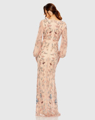 Pink Long Sleeve Floral Beaded Surplice Wrap Gown