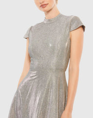 Silver Metallic Cap Sleeve Tea-Length Dress