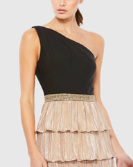 Black and Gold One-Shoulder Ruffle Tiered A-Line Gown