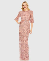 Pink Elbow Length Sleeve Embellished Gown