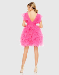 Pink Flutter Ruffle Sleeve Tiered Dress