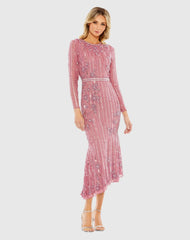 Pink Long Sleeve Embellished Tea Length Dress