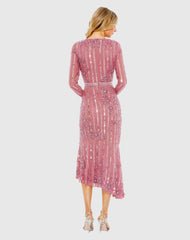 Pink Long Sleeve Embellished Tea Length Dress