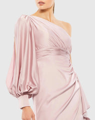 Pink One Shoulder Bishop Sleeve Gown