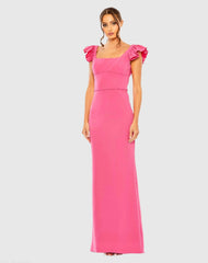 Pink Ruffle Cap Sleeve Open Back Column Gown