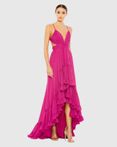 Pink Pleated High-Low A-Line Gown with Ruffles