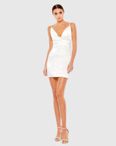 White Plunging Faux Wrap Charmeuse Mini Dress