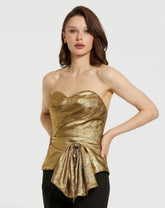 Gold Metallic Lamé Strapless Wrap Top With Bow Detail