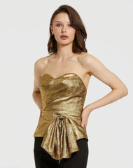 Gold Metallic Lamé Strapless Wrap Top With Bow Detail