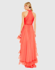 Orange Ruffle Tiered High Low Pleated Halter Neck Gown
