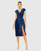 Blue Sequin Faux Wrap Front Slit Dress