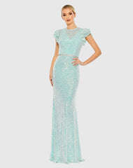 Blue Sequined High Neck Flutter Sleeve Mermaid Gown