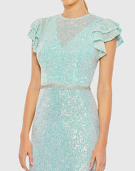 Blue Sequined High Neck Flutter Sleeve Mermaid Gown