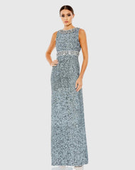 Blue Sleeveless Sequin Column Gown
