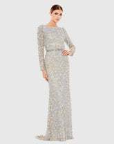 Silver Embellished Long Sleeve High Neck Gown