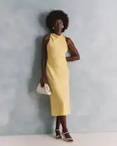 Butter Yellow Washable Stretch Silk High Neck Midi Dress