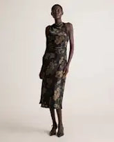 Caper Eclipse Washable Stretch Silk High Neck Midi Dress