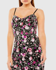Black Slim Strap Bustier Top Floral Beaded Mini Dress