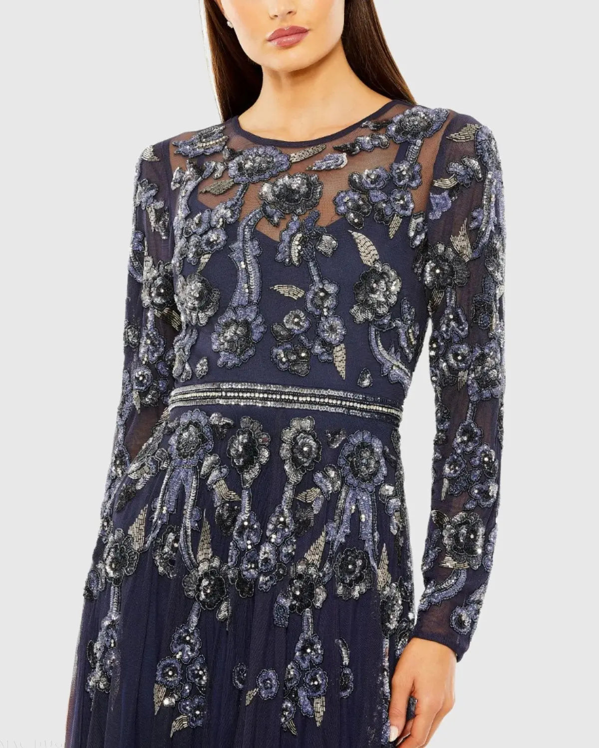 Navy Long Sleeve High Neck Floral Beaded A-line Mesh Gown