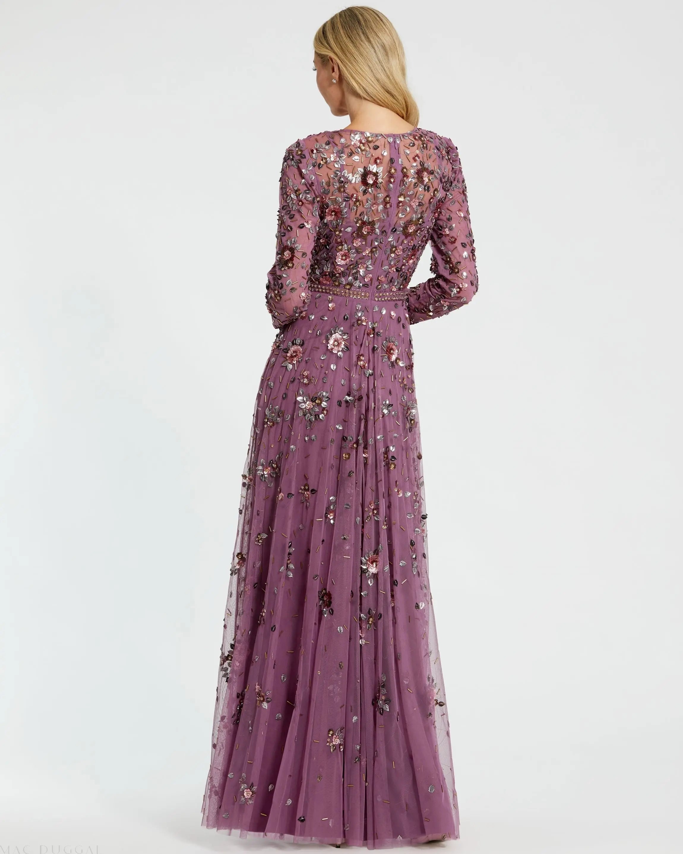 Purple Long Sleeve High Neck Beaded Gown