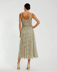 Green Embellished Mesh Sleeveless Scoop Neck Midi Dress