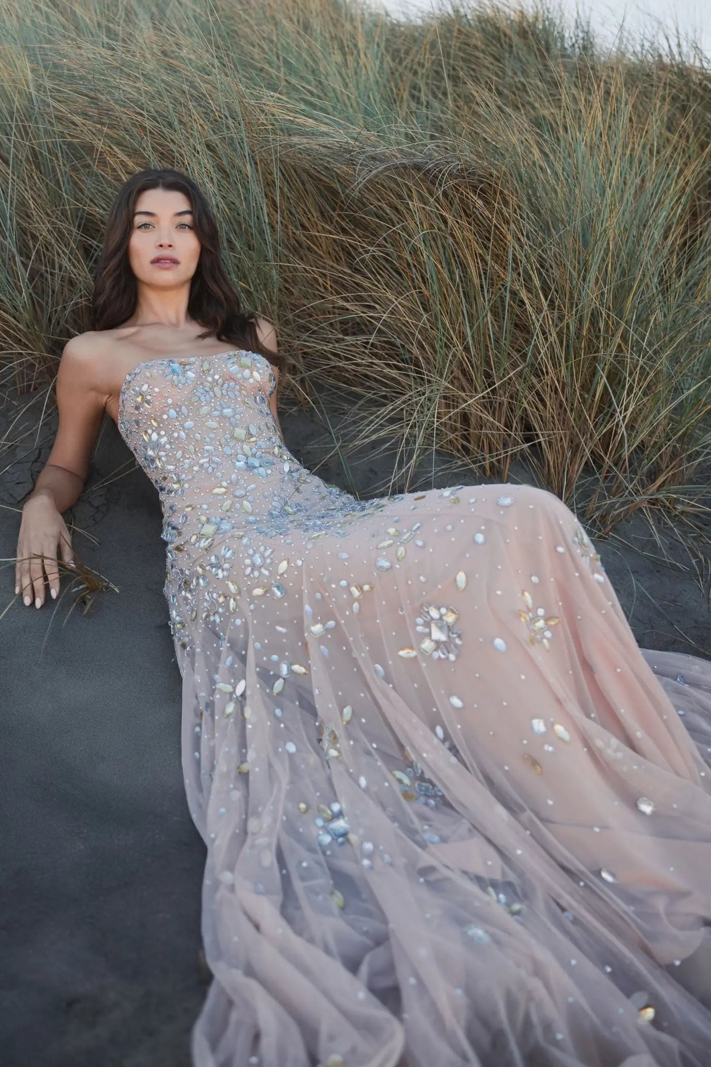 Pink Strapless Sweetheart Embellished Net Gown