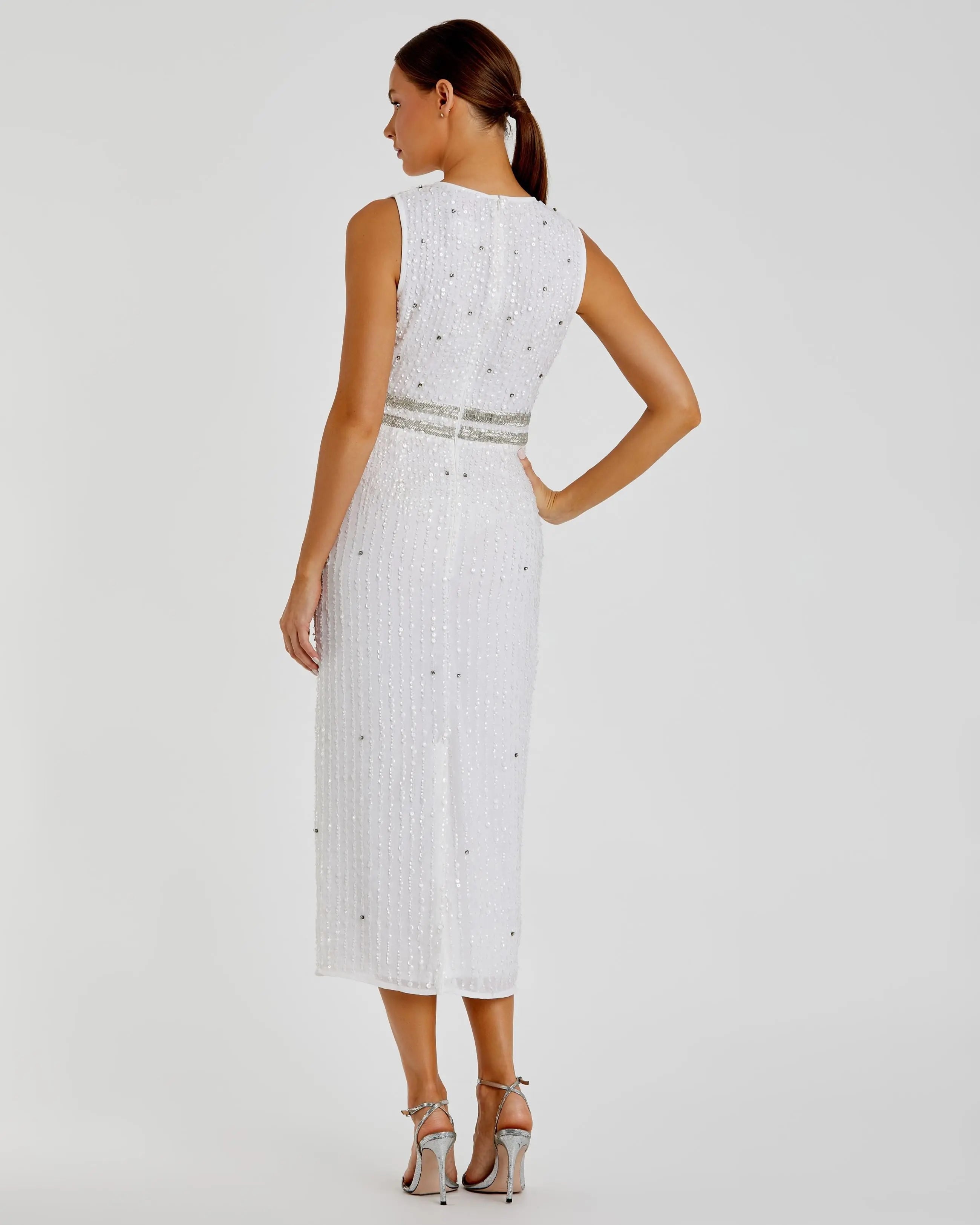 White Sleeveless High Neck Beaded Midi Sheath Dress