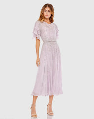 Purple High Neck Embellished Flutter Sleeve Midi Dress