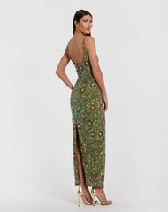 Green Sleeveless Hand Embellished Floral Maxi Dress