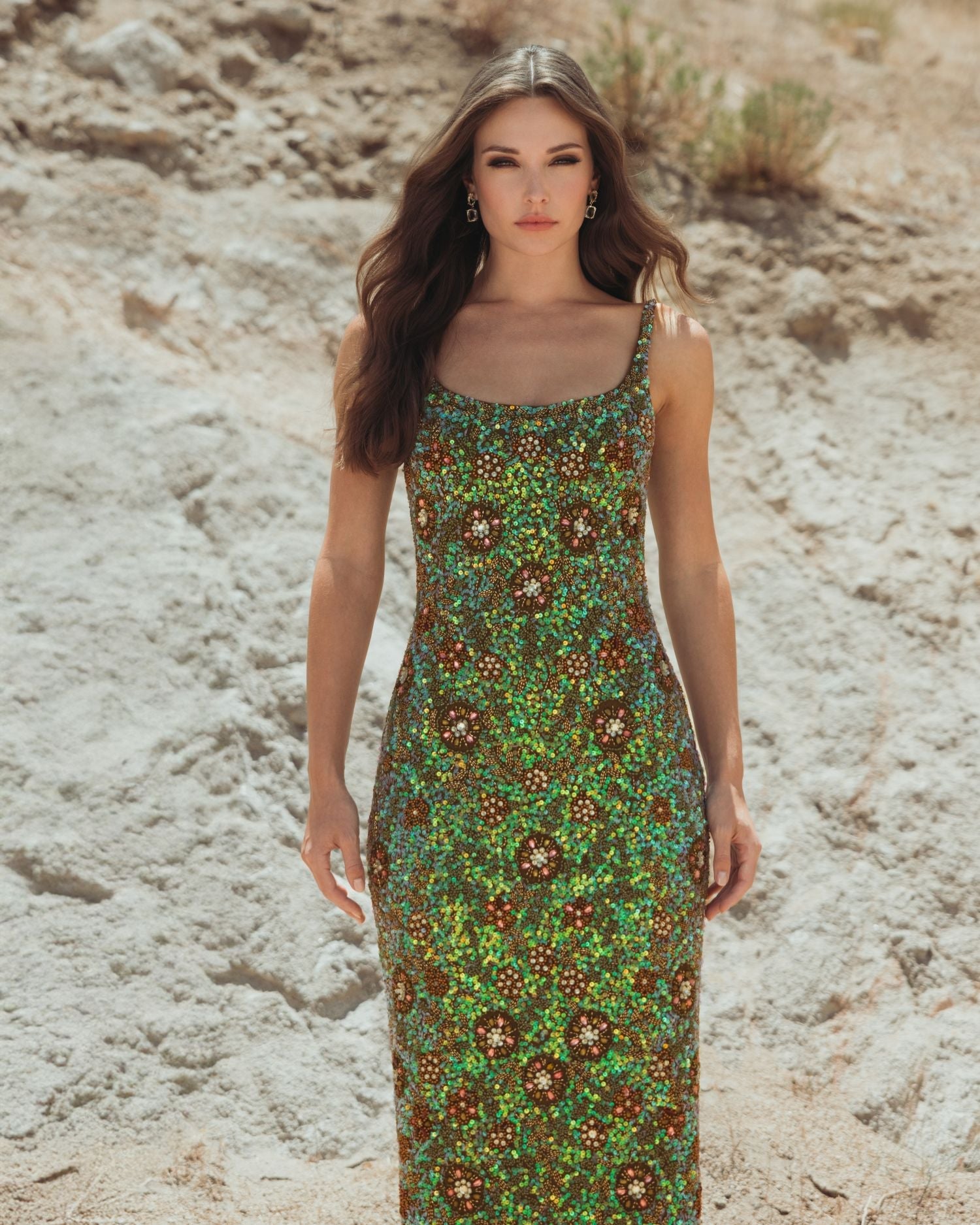 Green Sleeveless Hand Embellished Floral Maxi Dress