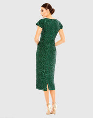 Dark Green Sequined Cap Sleeve Wrap Over Cocktail Dress