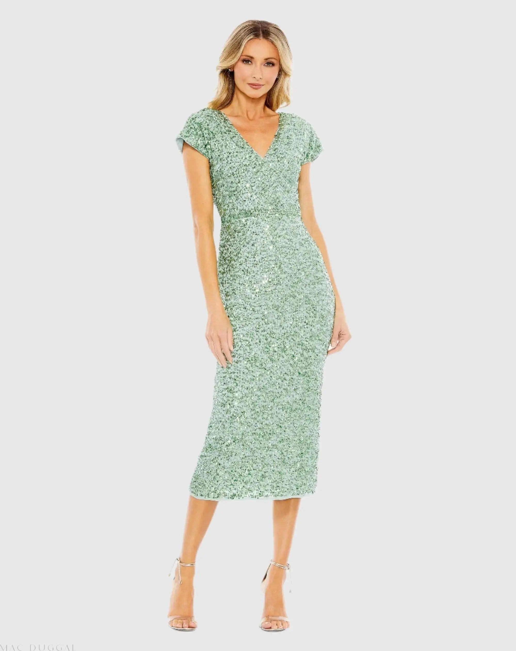 Sequined Cap Sleeve Wrap Over Cocktail Dress